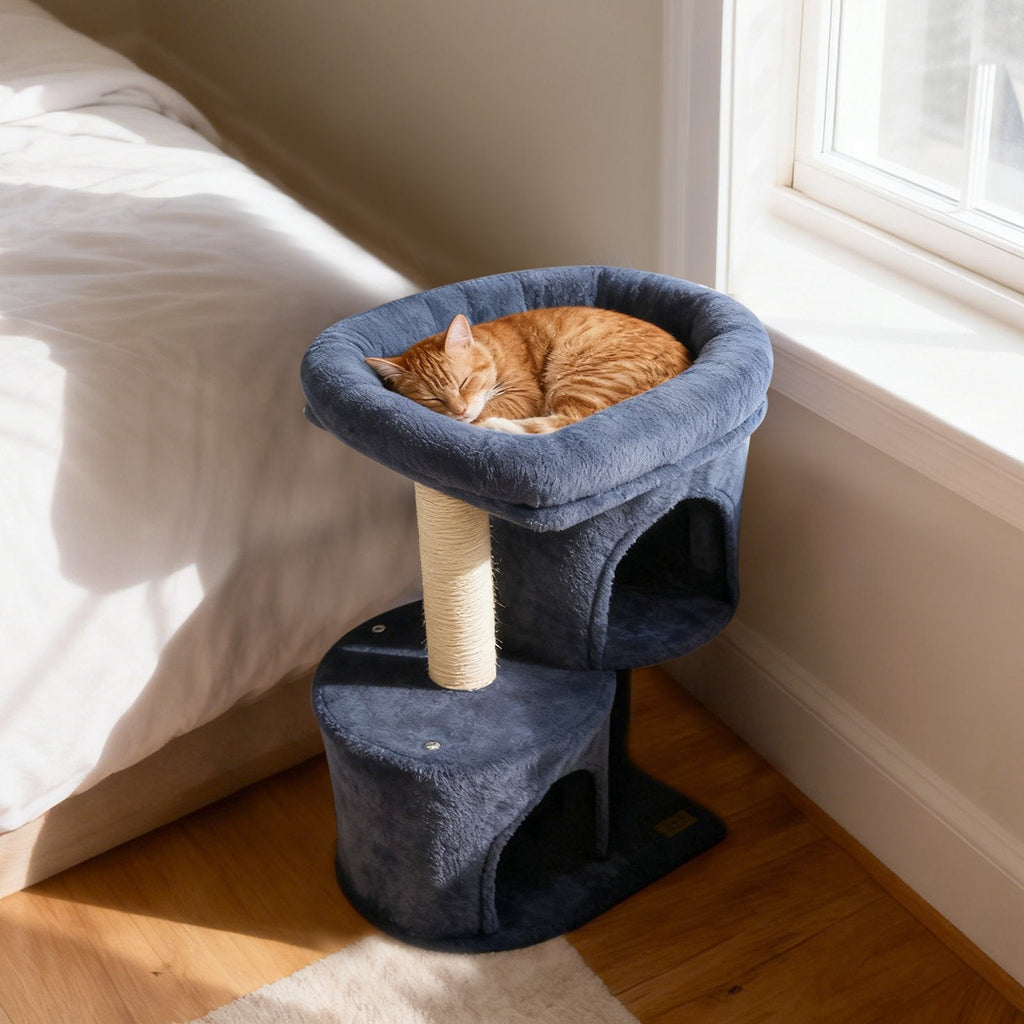 26 Inch Cat Tower with Two Stacked Condos and Padded Perch Bed, Dark Gray