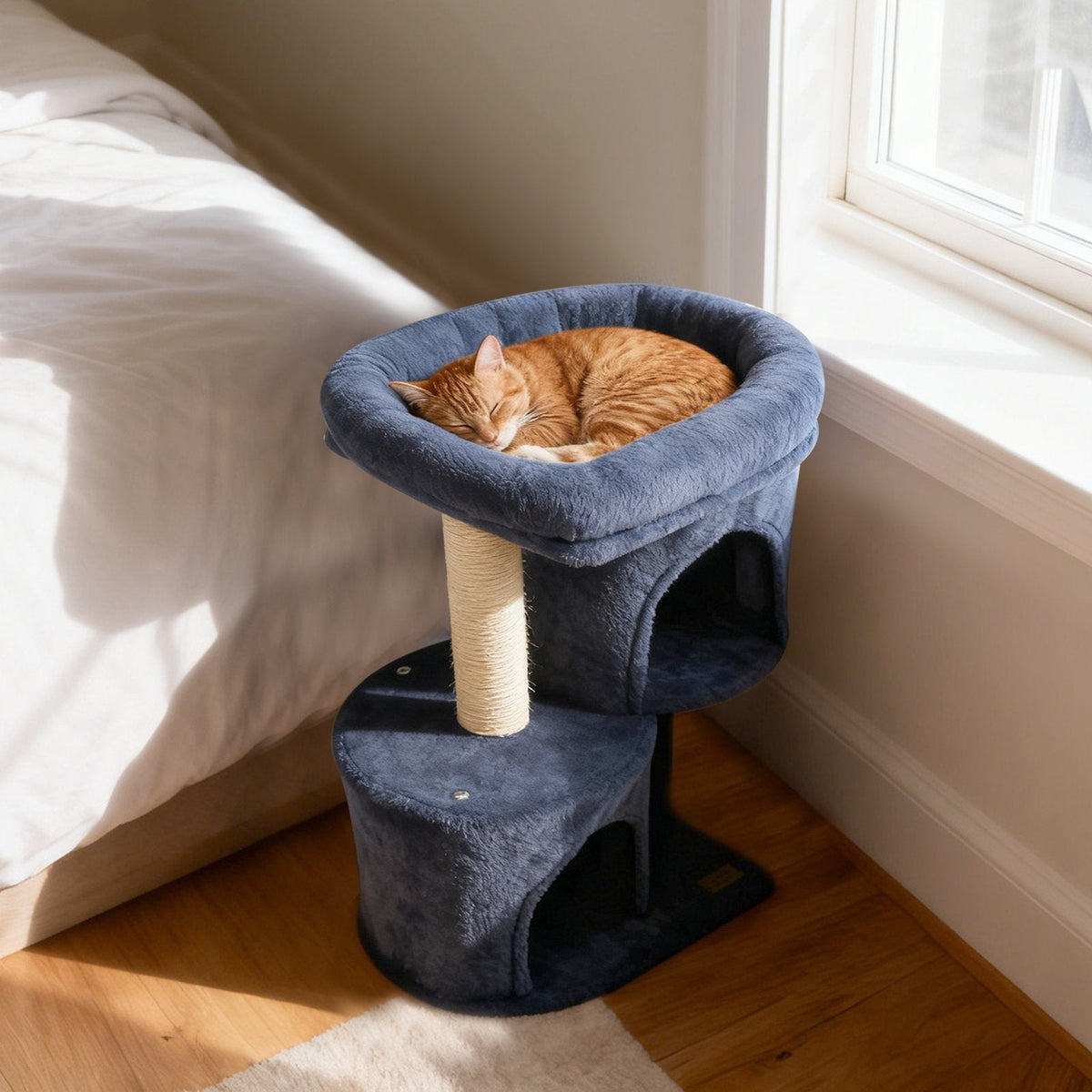 26 Inch Cat Tower with Two Stacked Condos and Padded Perch Bed, Dark Gray