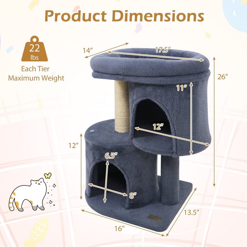 26 Inch Cat Tower with Two Stacked Condos and Padded Perch Bed, Dark Gray