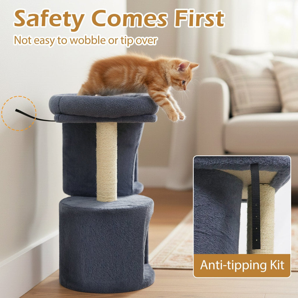 26 Inch Cat Tower with Two Stacked Condos and Padded Perch Bed, Dark Gray