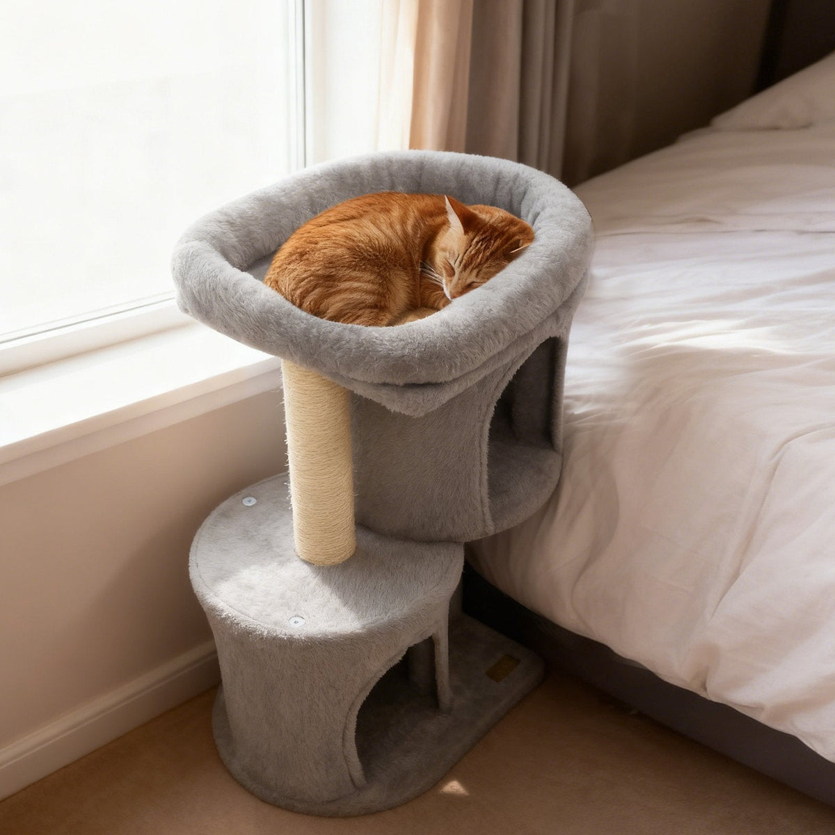 26 Inch Light Gray Cat Tower, Two Condos, Sisal Post and 17.5 Inch Padded Perch