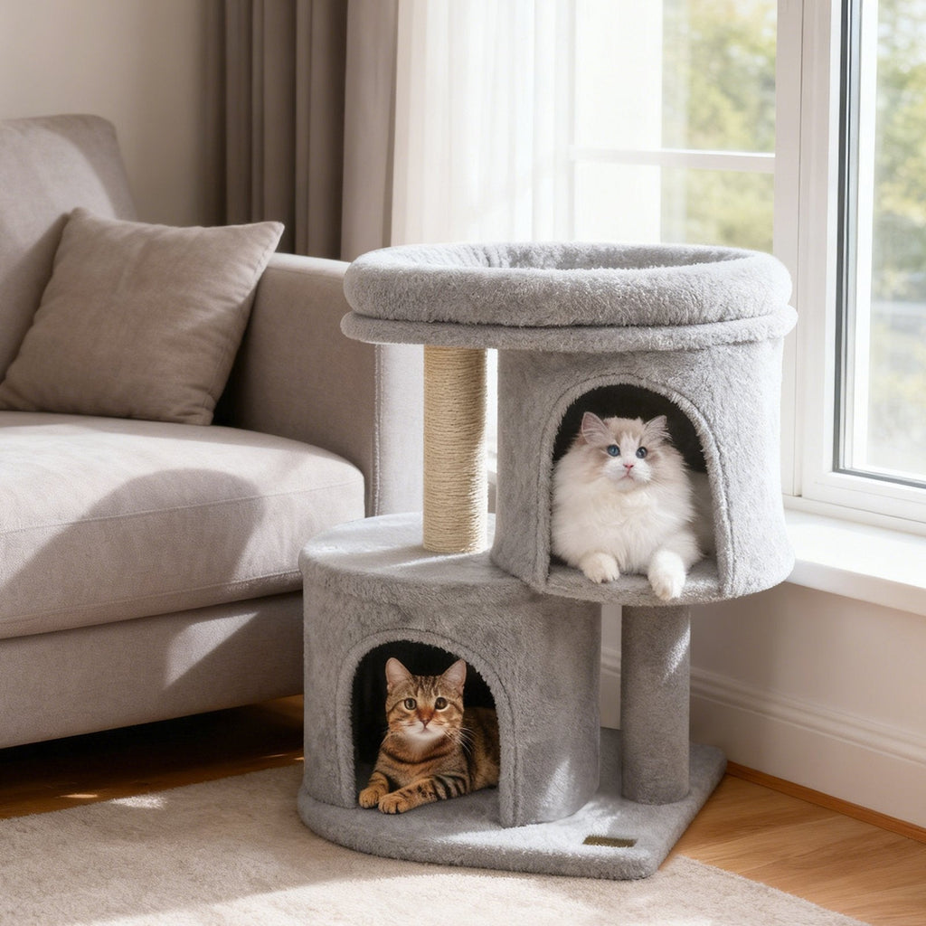 26 Inch Light Gray Cat Tower, Two Condos, Sisal Post and 17.5 Inch Padded Perch