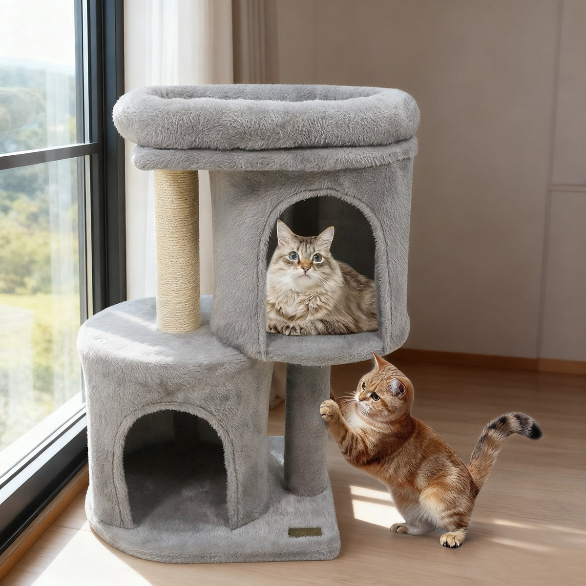 26 Inch Light Gray Cat Tower, Two Condos, Sisal Post and 17.5 Inch Padded Perch