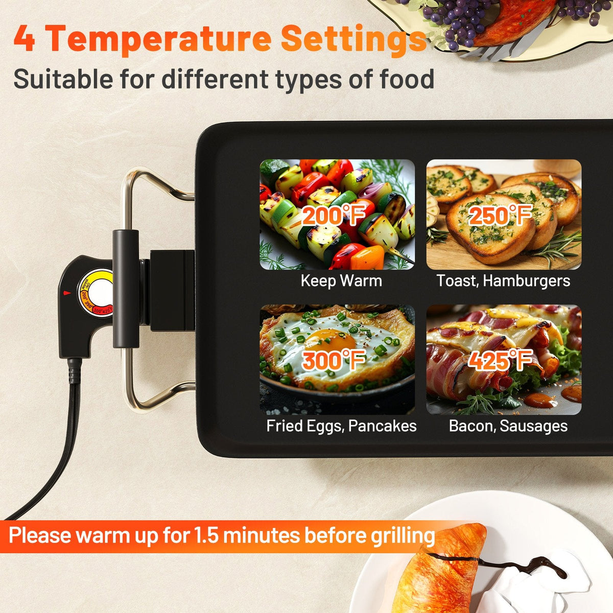 27 Inch Large Electric Griddle Nonstick BBQ Grill with Adjustable Temperature-S