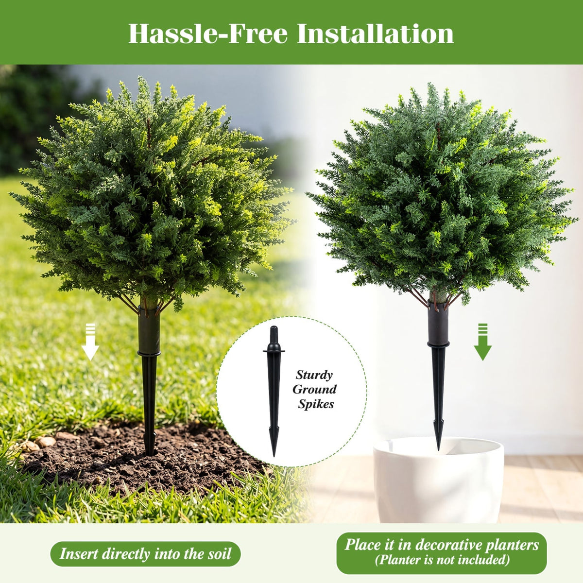 27.5 inch Artificial Cypress Topiary Trees with Ground Spikes Set of 2