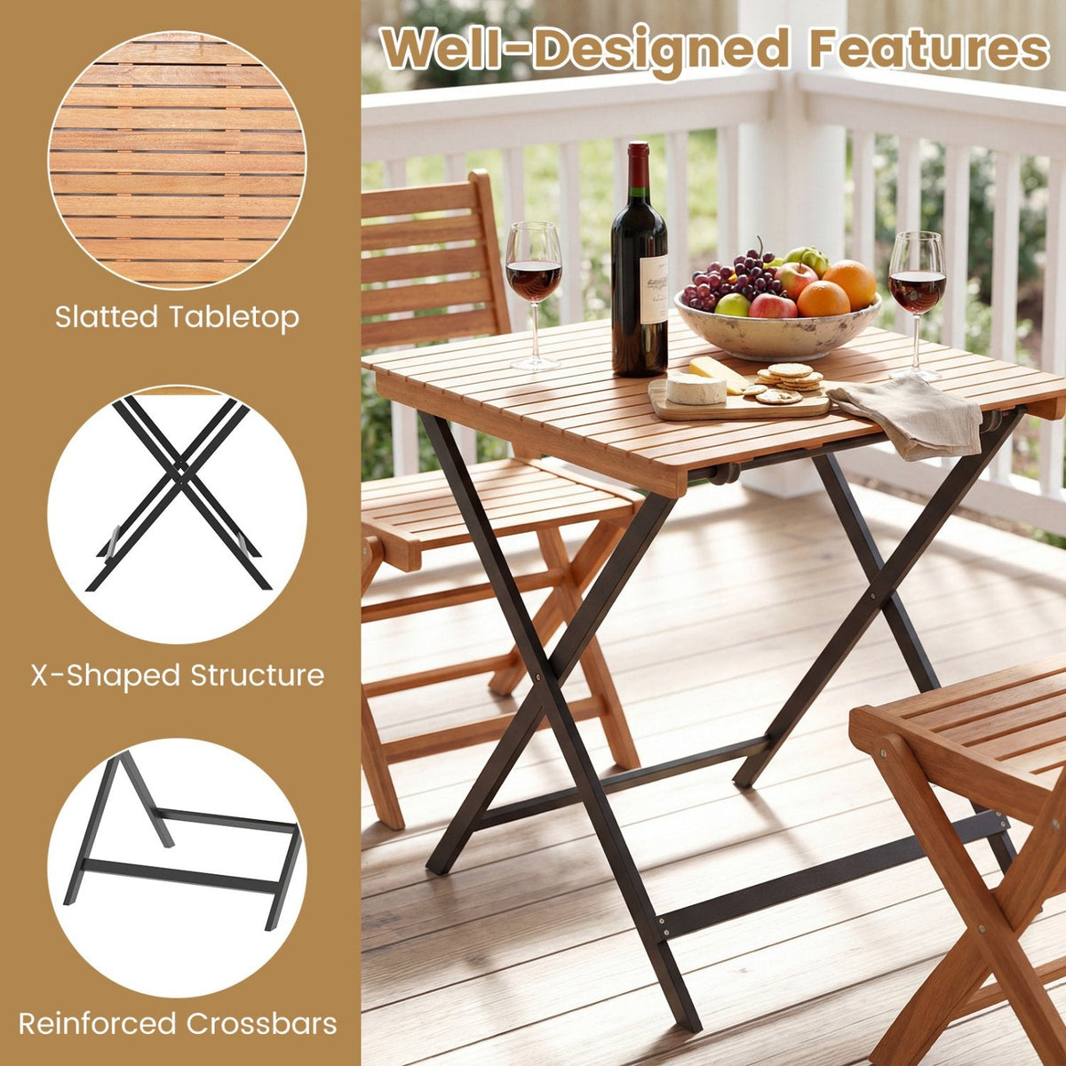 28 Inch Patio Folding Square Table with Slatted Tabletop for Backyard Porch [Best Seller in the US]