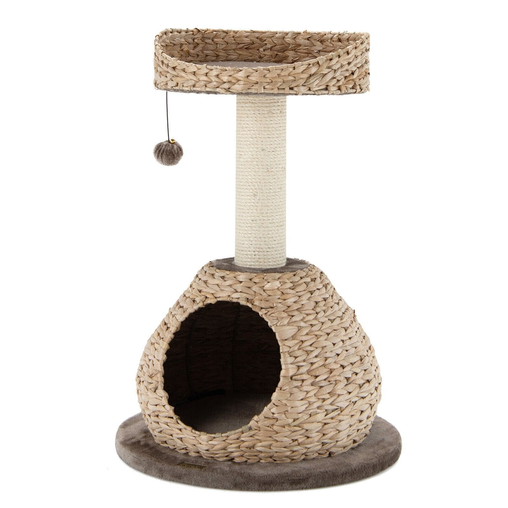 28 Inch Hand Woven Water Hyacinth Cat Tree with Domed Condo and Sisal Post, Dark Coffee