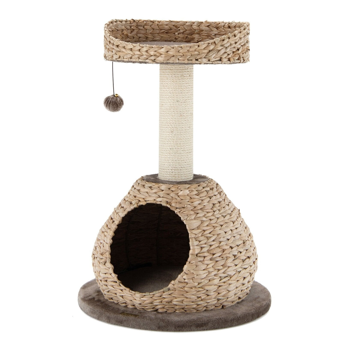 28 Inch Hand Woven Water Hyacinth Cat Tree with Domed Condo and Sisal Post, Dark Coffee