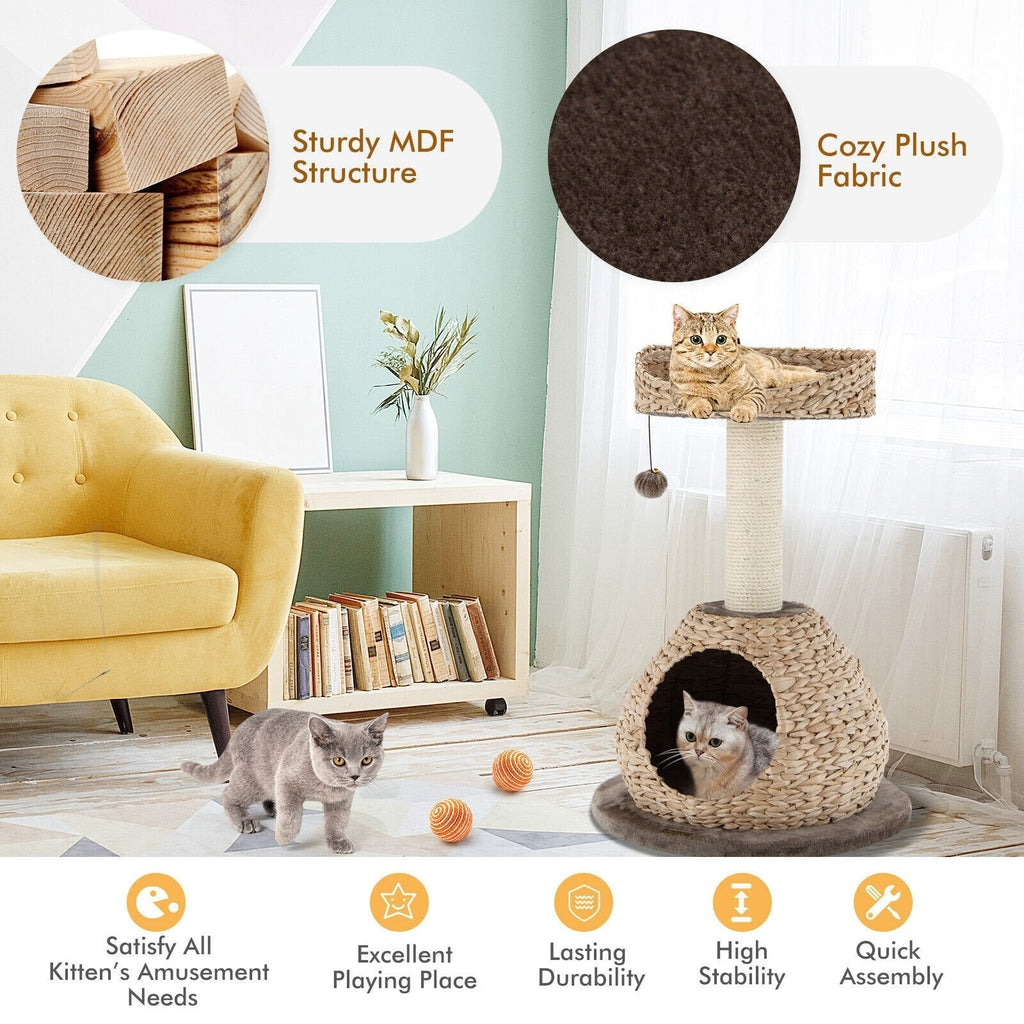 28 Inch Hand Woven Water Hyacinth Cat Tree with Domed Condo and Sisal Post, Dark Coffee