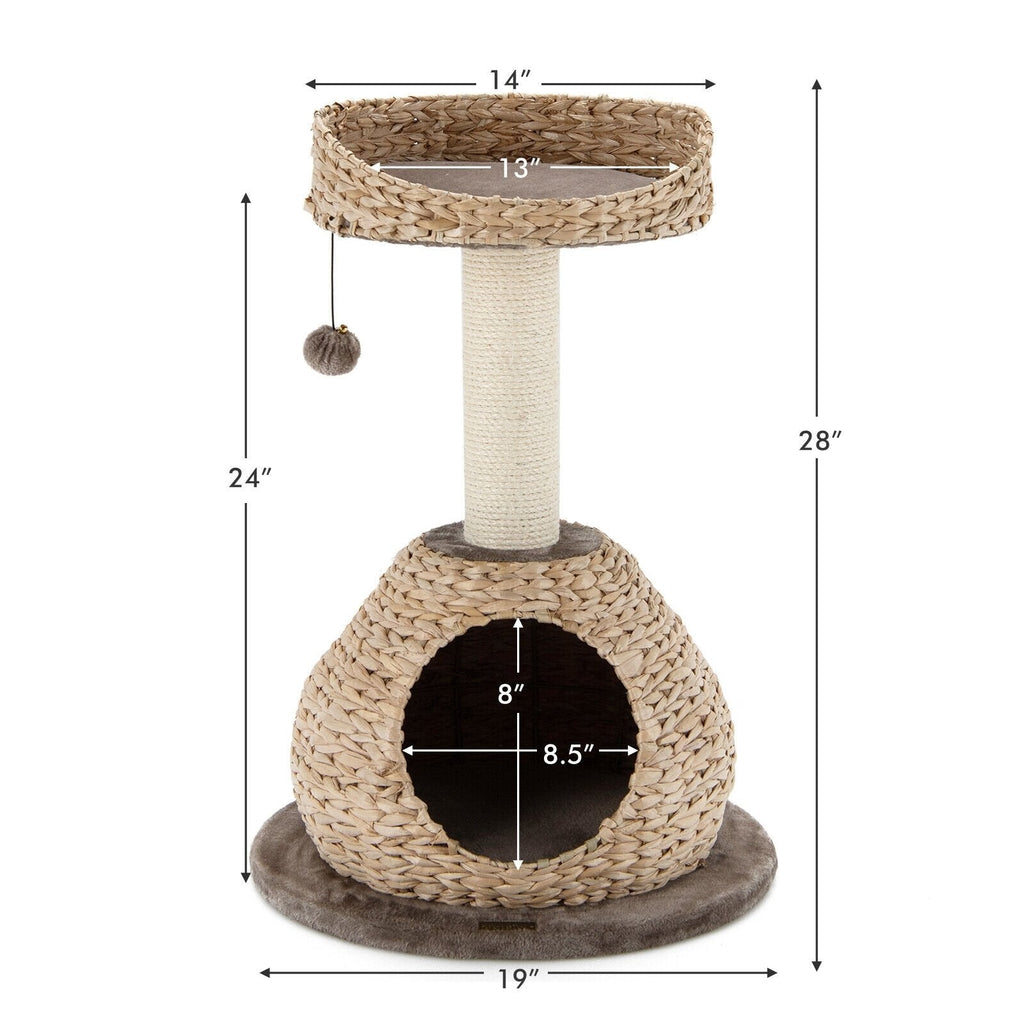 28 Inch Hand Woven Water Hyacinth Cat Tree with Domed Condo and Sisal Post, Dark Coffee