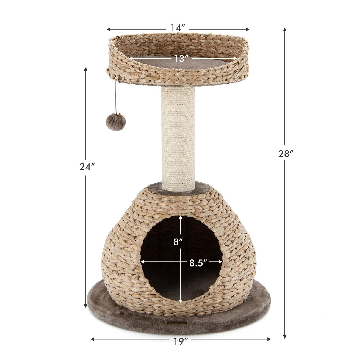 28 Inch Hand Woven Water Hyacinth Cat Tree with Domed Condo and Sisal Post, Dark Coffee