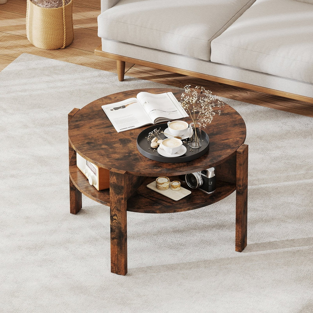 29.5 Inch Round Coffee Table with Storage Shelves for Small Space-Rustic Brown