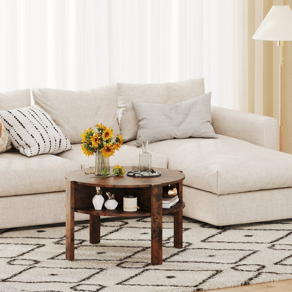 29.5 Inch Round Coffee Table with Storage Shelves for Small Space-Rustic Brown