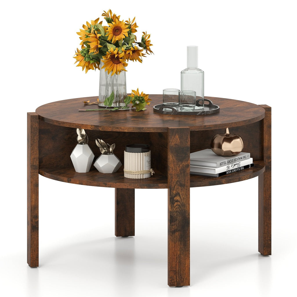 29.5 Inch Round Coffee Table with Storage Shelves for Small Space-Rustic Brown