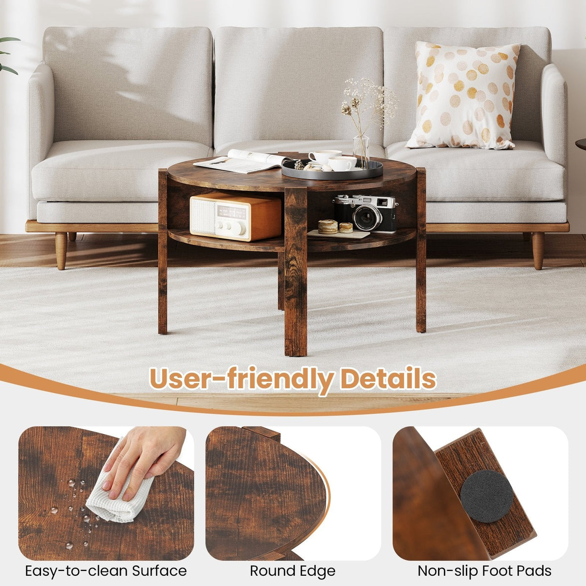 29.5 Inch Round Coffee Table with Storage Shelves for Small Space-Rustic Brown