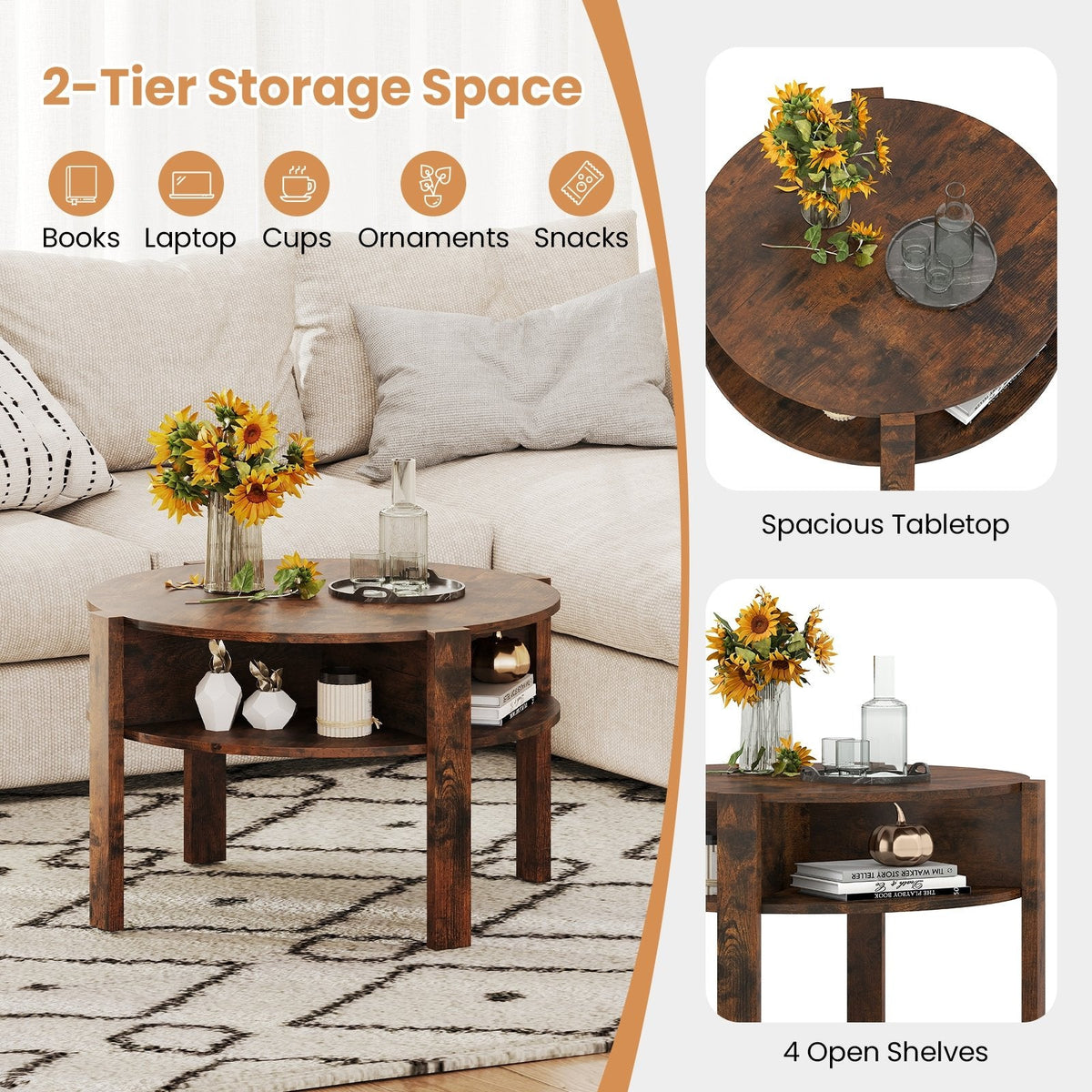 29.5 Inch Round Coffee Table with Storage Shelves for Small Space-Rustic Brown