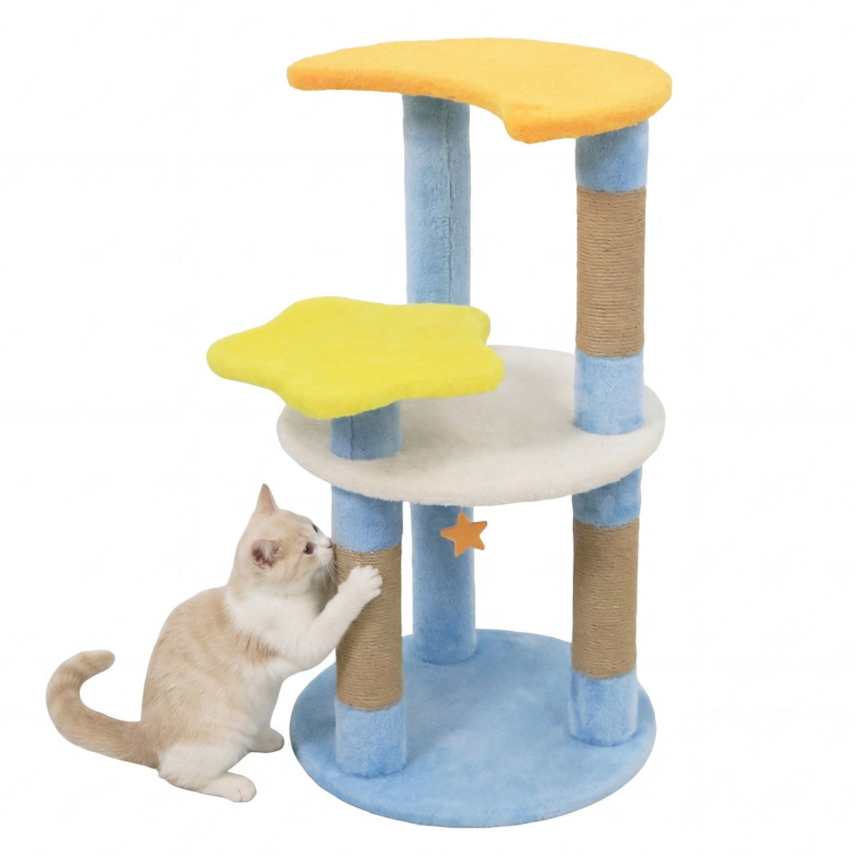29 Inch Cat Tree with Moon and Star Shaped Platforms and Jute Scratching Posts, Blue