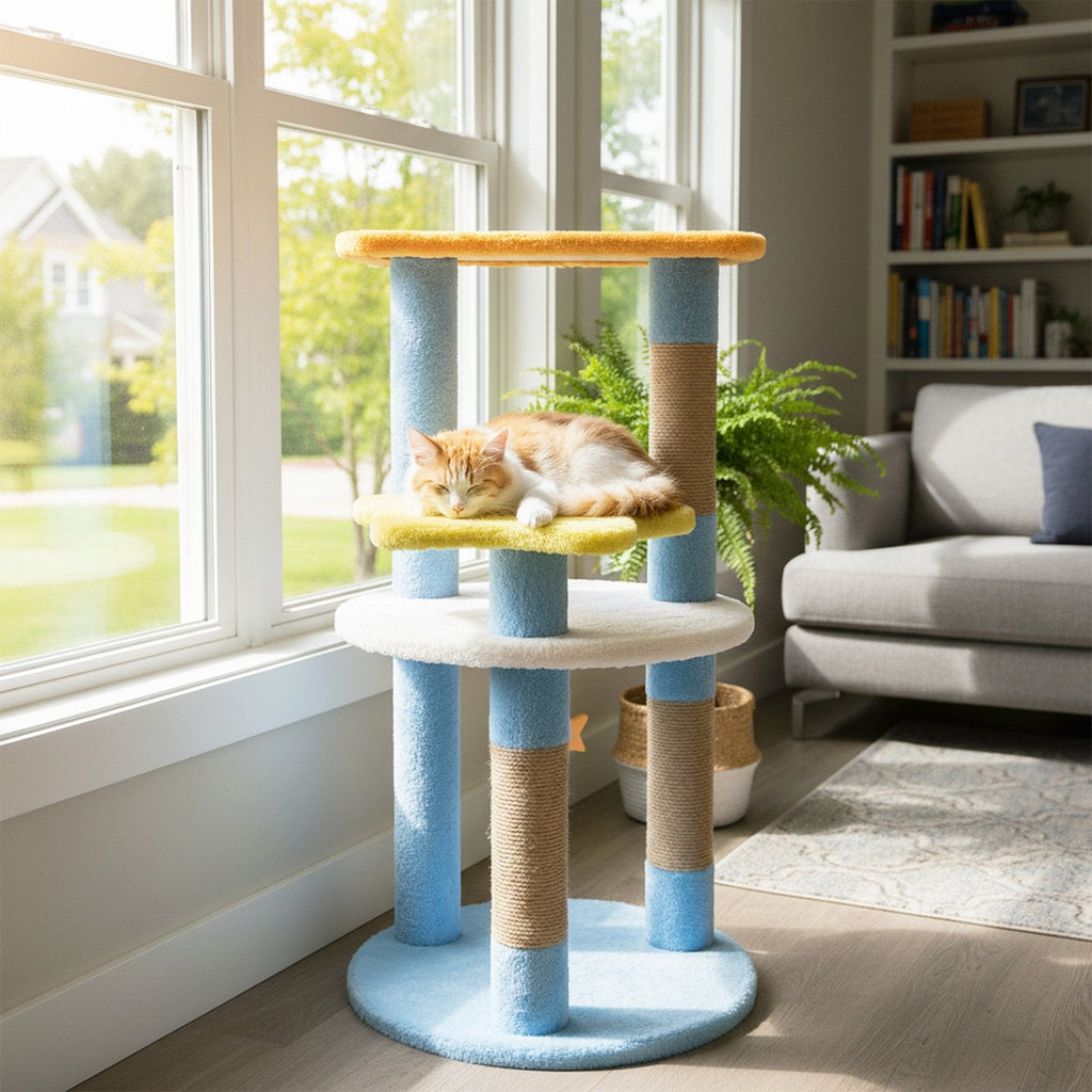 29 Inch Cat Tree with Moon and Star Shaped Platforms and Jute Scratching Posts, Blue