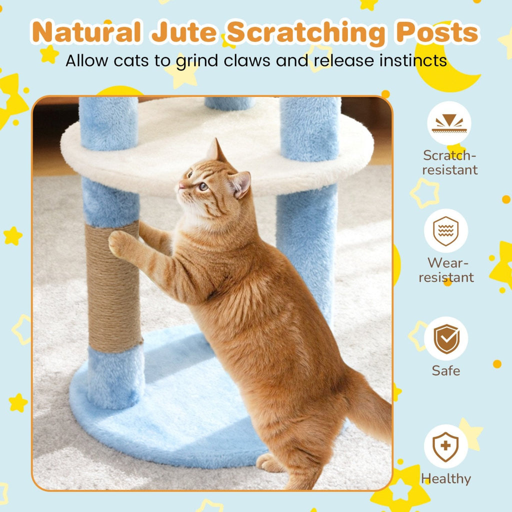 29 Inch Cat Tree with Moon and Star Shaped Platforms and Jute Scratching Posts, Blue