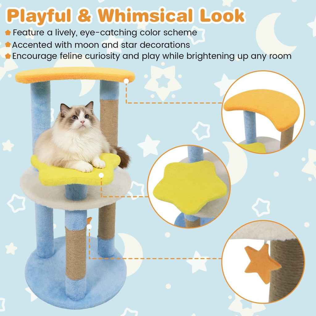 29 Inch Cat Tree with Moon and Star Shaped Platforms and Jute Scratching Posts, Blue
