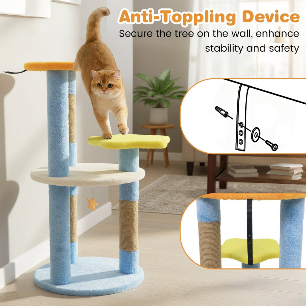 29 Inch Cat Tree with Moon and Star Shaped Platforms and Jute Scratching Posts, Blue