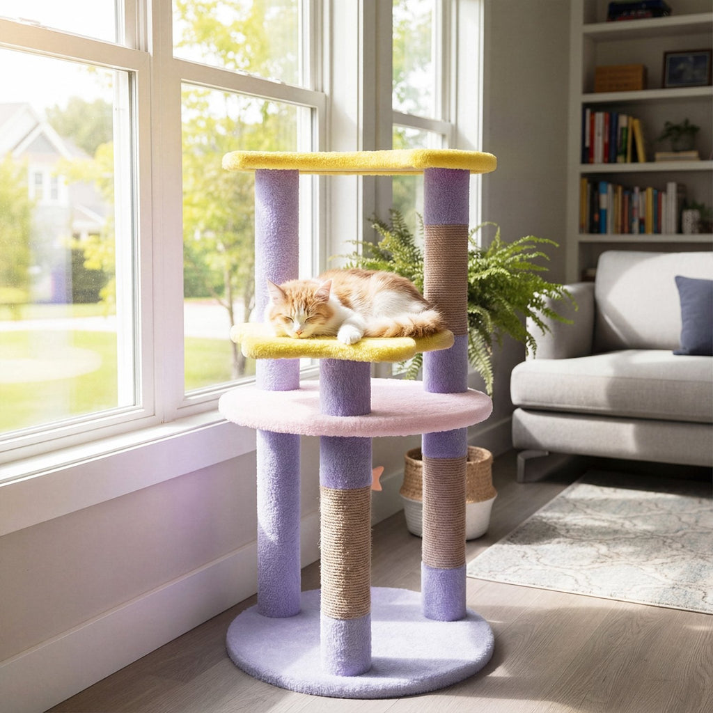 29 Inch Purple Cat Tree with Star and Moon Platforms, Jute Posts and Wall Anchor