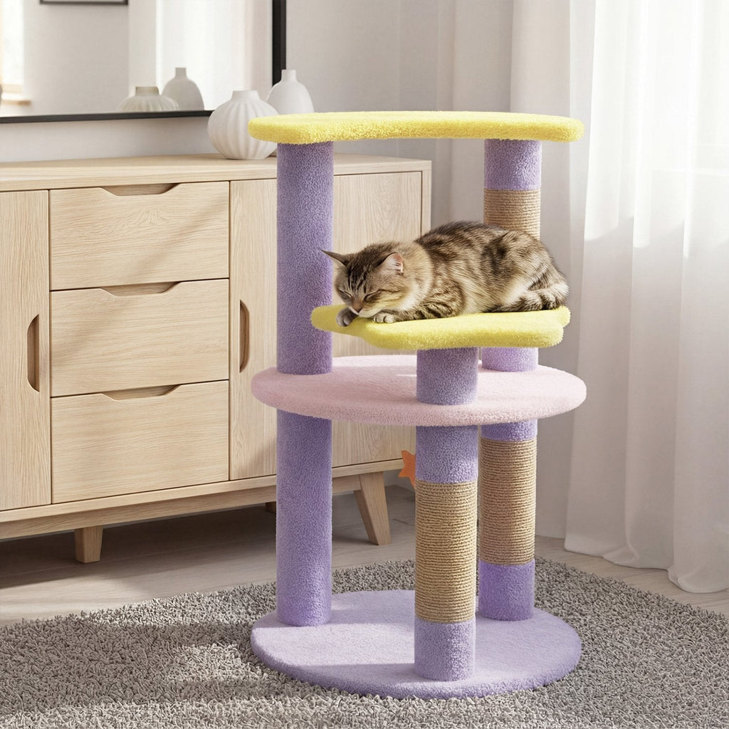 29 Inch Purple Cat Tree with Star and Moon Platforms, Jute Posts and Wall Anchor
