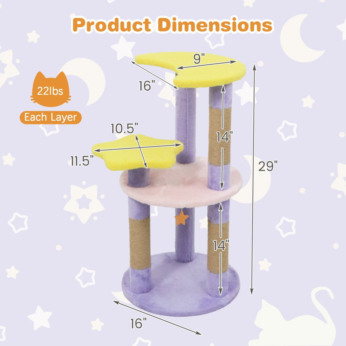 29 Inch Purple Cat Tree with Star and Moon Platforms, Jute Posts and Wall Anchor