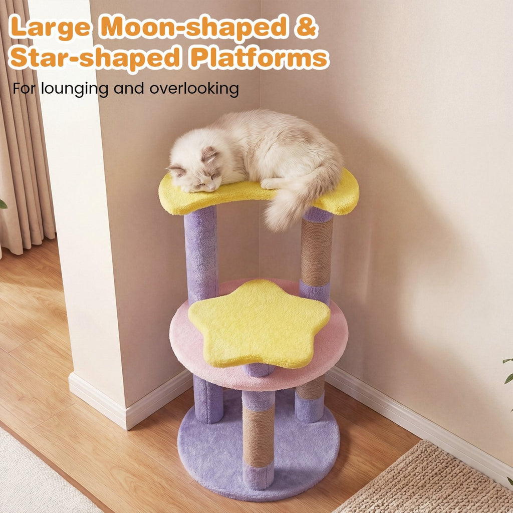 29 Inch Purple Cat Tree with Star and Moon Platforms, Jute Posts and Wall Anchor