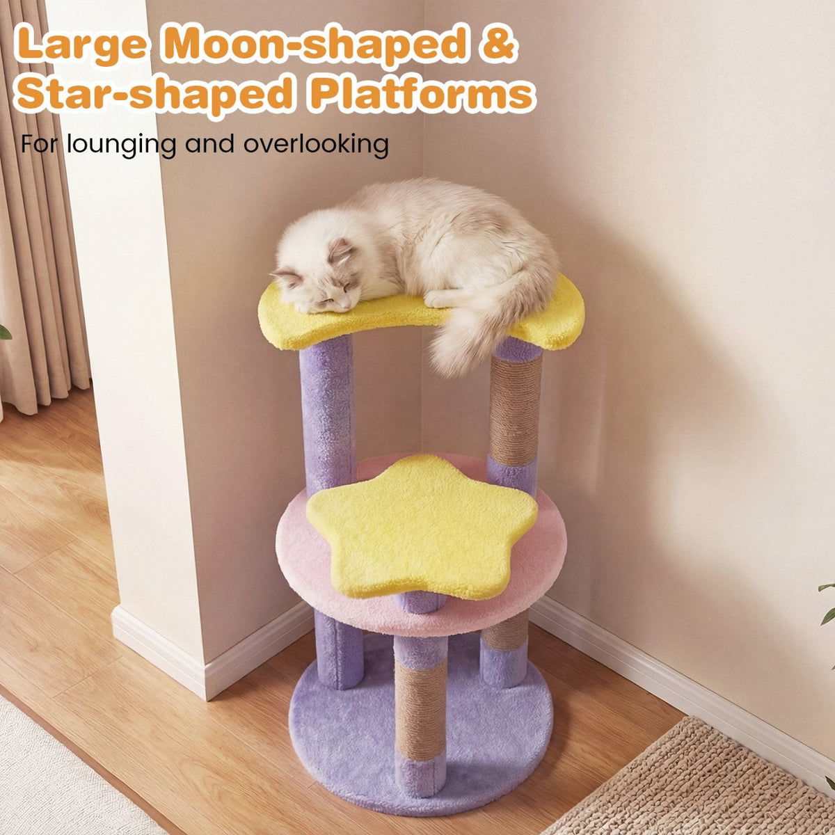 29 Inch Purple Cat Tree with Star and Moon Platforms, Jute Posts and Wall Anchor