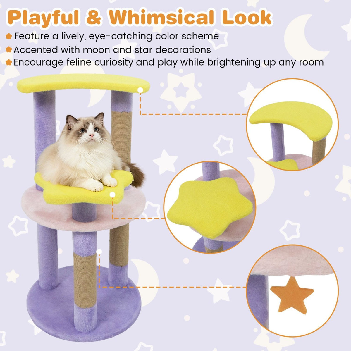 29 Inch Purple Cat Tree with Star and Moon Platforms, Jute Posts and Wall Anchor