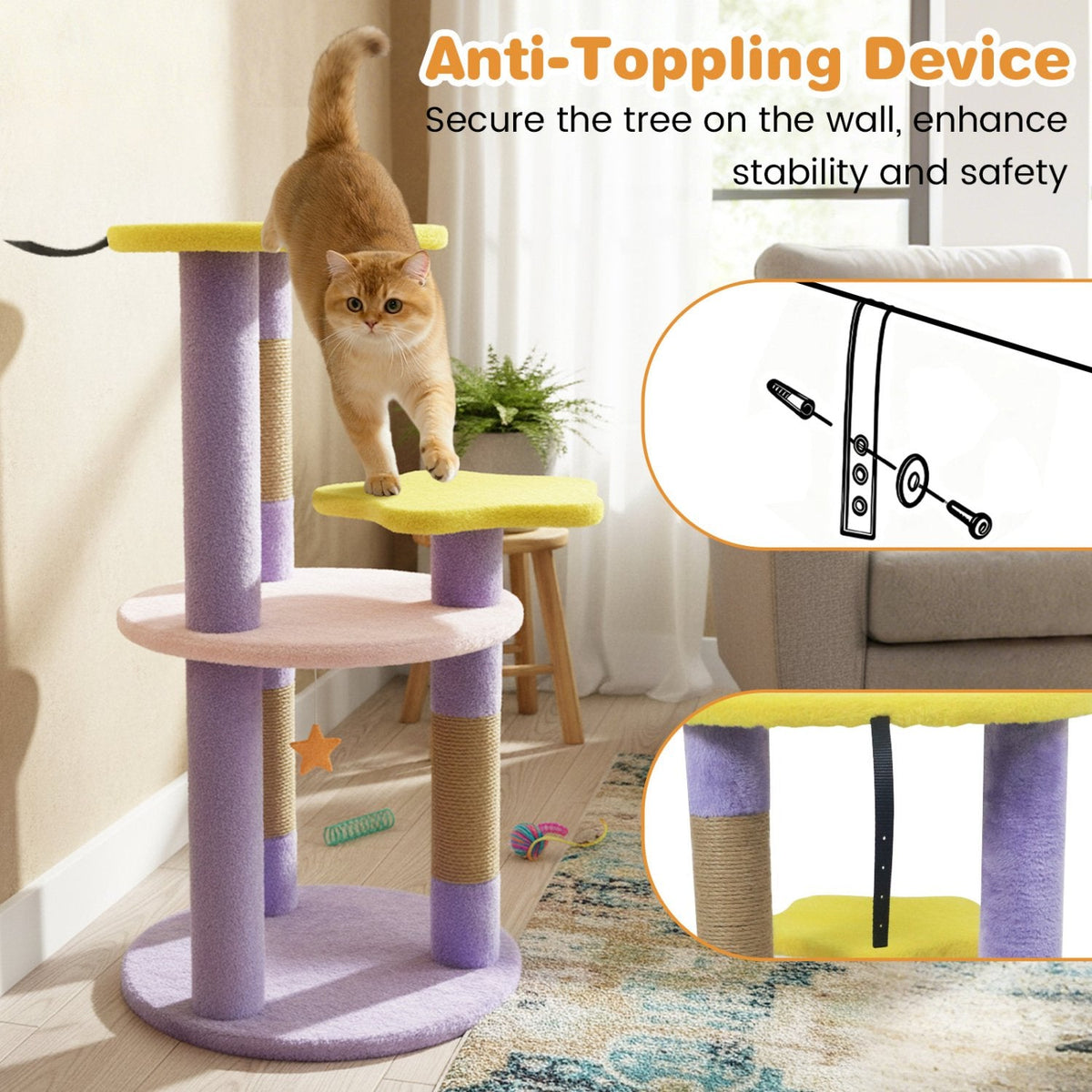 29 Inch Purple Cat Tree with Star and Moon Platforms, Jute Posts and Wall Anchor
