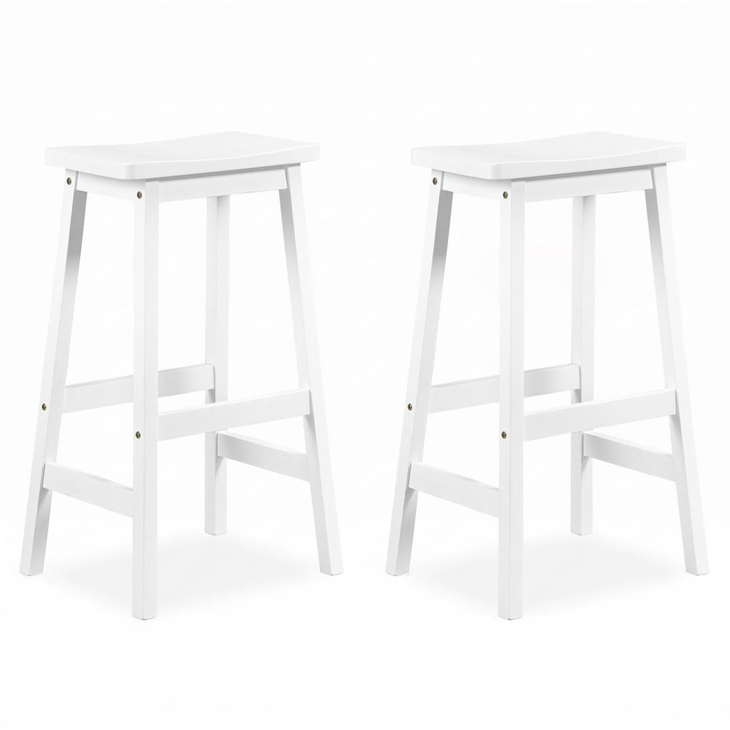 Set of 2 Backless Saddle Bar Stools in Painted White Rubber Wood, 29 Inch Seat Height