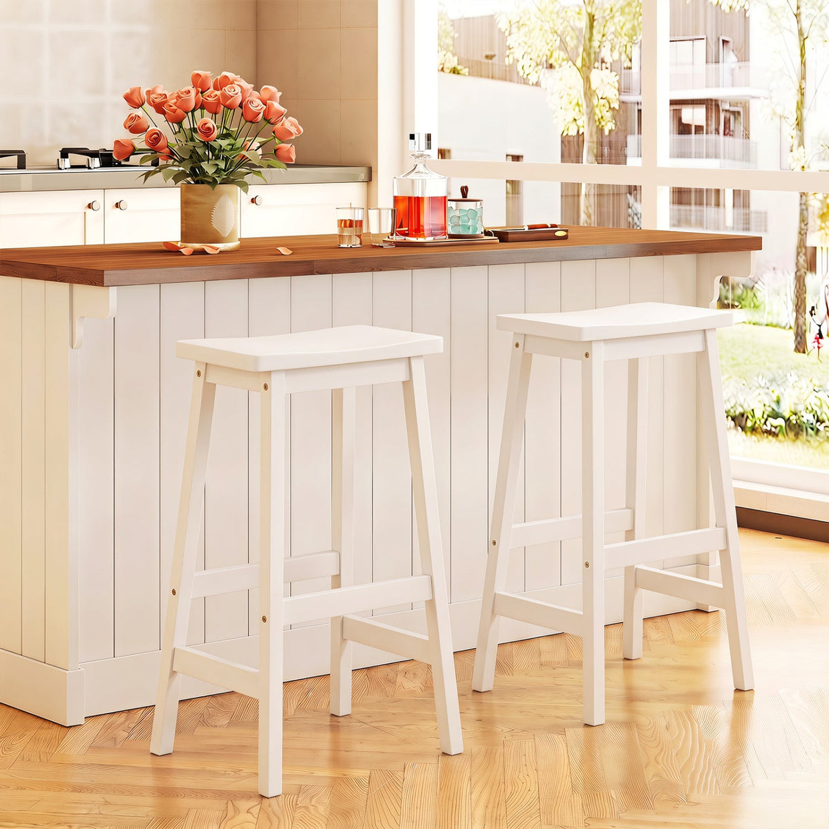 Set of 2 Backless Saddle Bar Stools in Painted White Rubber Wood, 29 Inch Seat Height