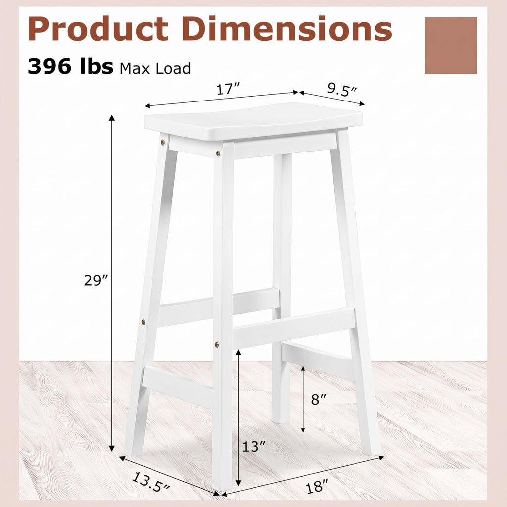 Set of 2 Backless Saddle Bar Stools in Painted White Rubber Wood, 29 Inch Seat Height