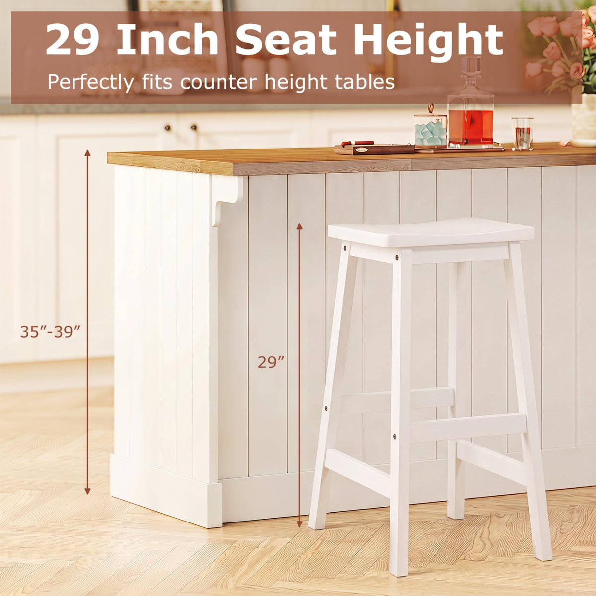 Set of 2 Backless Saddle Bar Stools in Painted White Rubber Wood, 29 Inch Seat Height