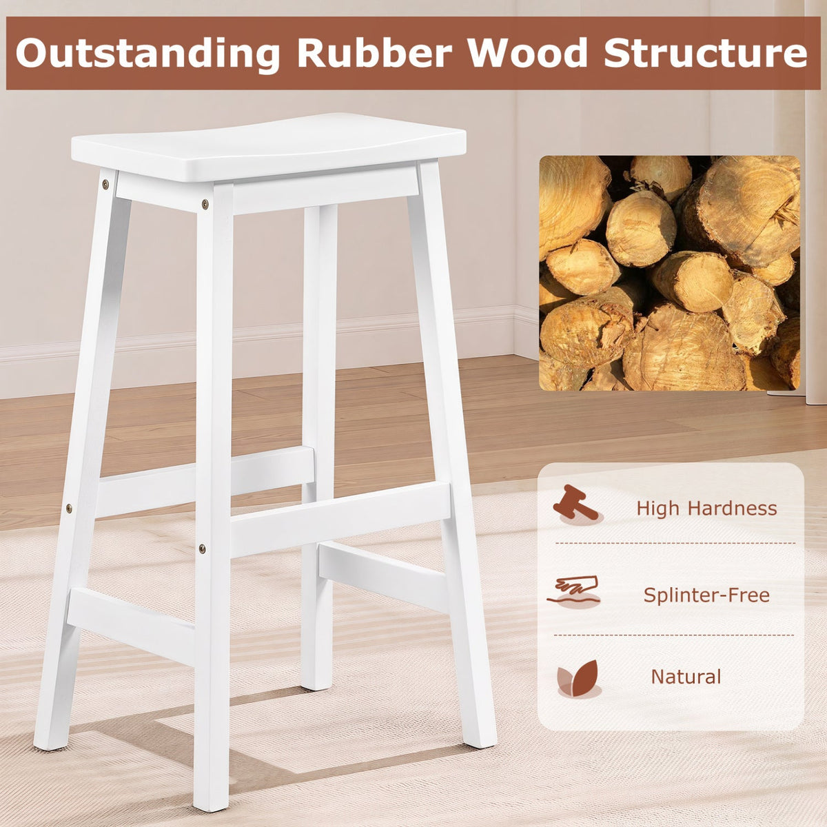 Set of 2 Backless Saddle Bar Stools in Painted White Rubber Wood, 29 Inch Seat Height