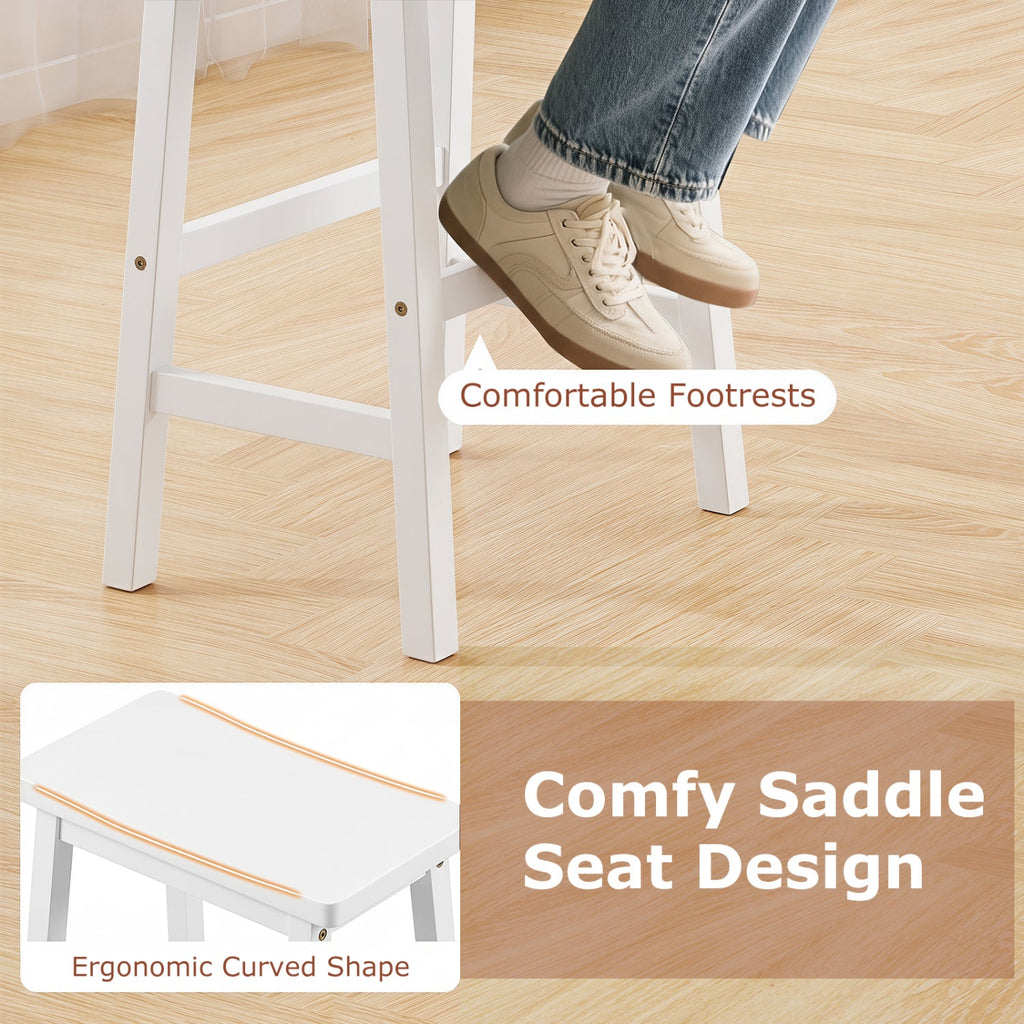 Set of 2 Backless Saddle Bar Stools in Painted White Rubber Wood, 29 Inch Seat Height