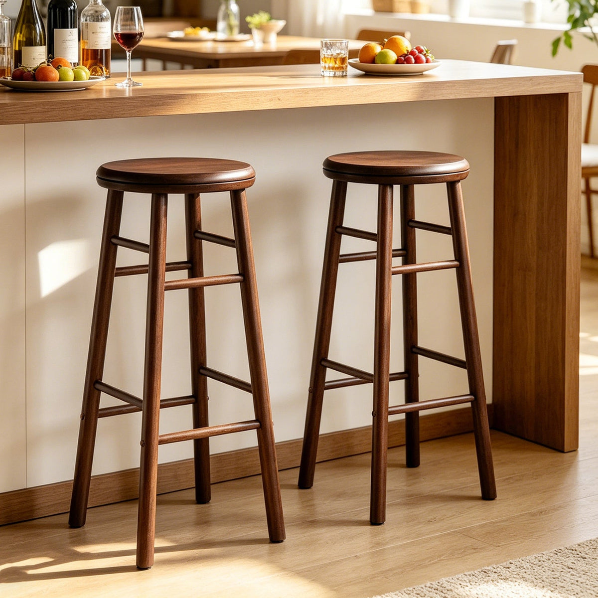 Set of 2 Swivel Bar Stools in Walnut Rubber Wood with Crossbars, 29 Inch Seat Height