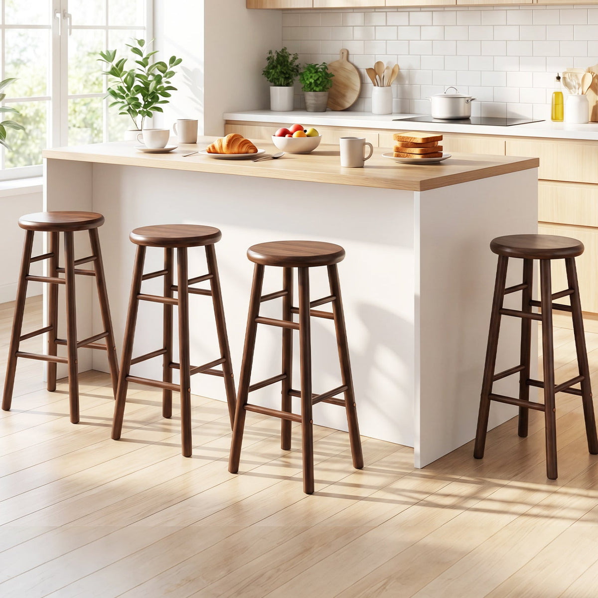 Set of 2 Swivel Bar Stools in Walnut Rubber Wood with Crossbars, 29 Inch Seat Height