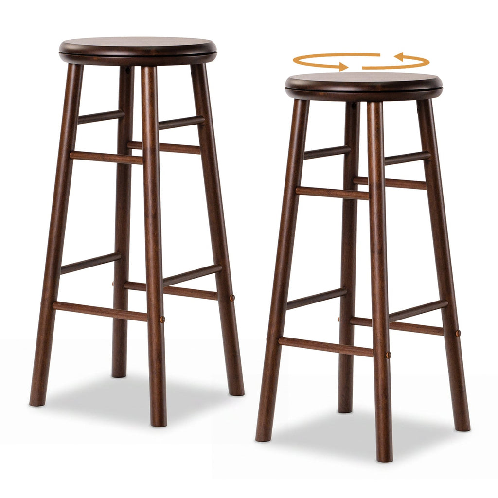 Set of 2 Swivel Bar Stools in Walnut Rubber Wood with Crossbars, 29 Inch Seat Height
