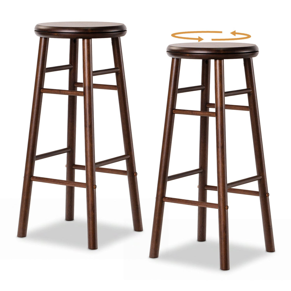 Set of 2 Swivel Bar Stools in Walnut Rubber Wood with Crossbars, 29 Inch Seat Height