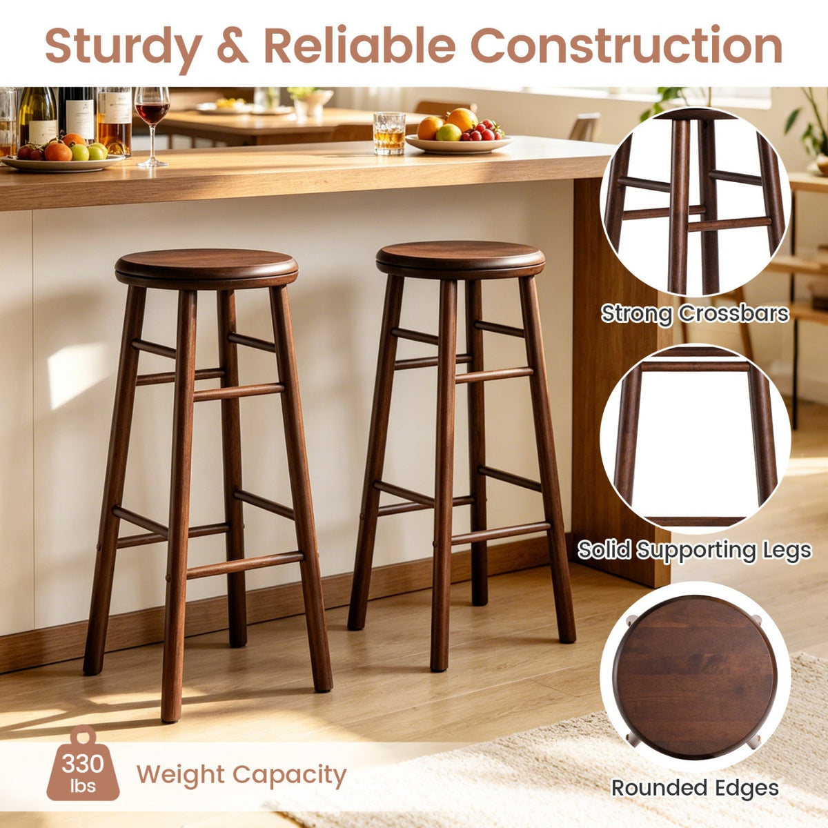 Set of 2 Swivel Bar Stools in Walnut Rubber Wood with Crossbars, 29 Inch Seat Height