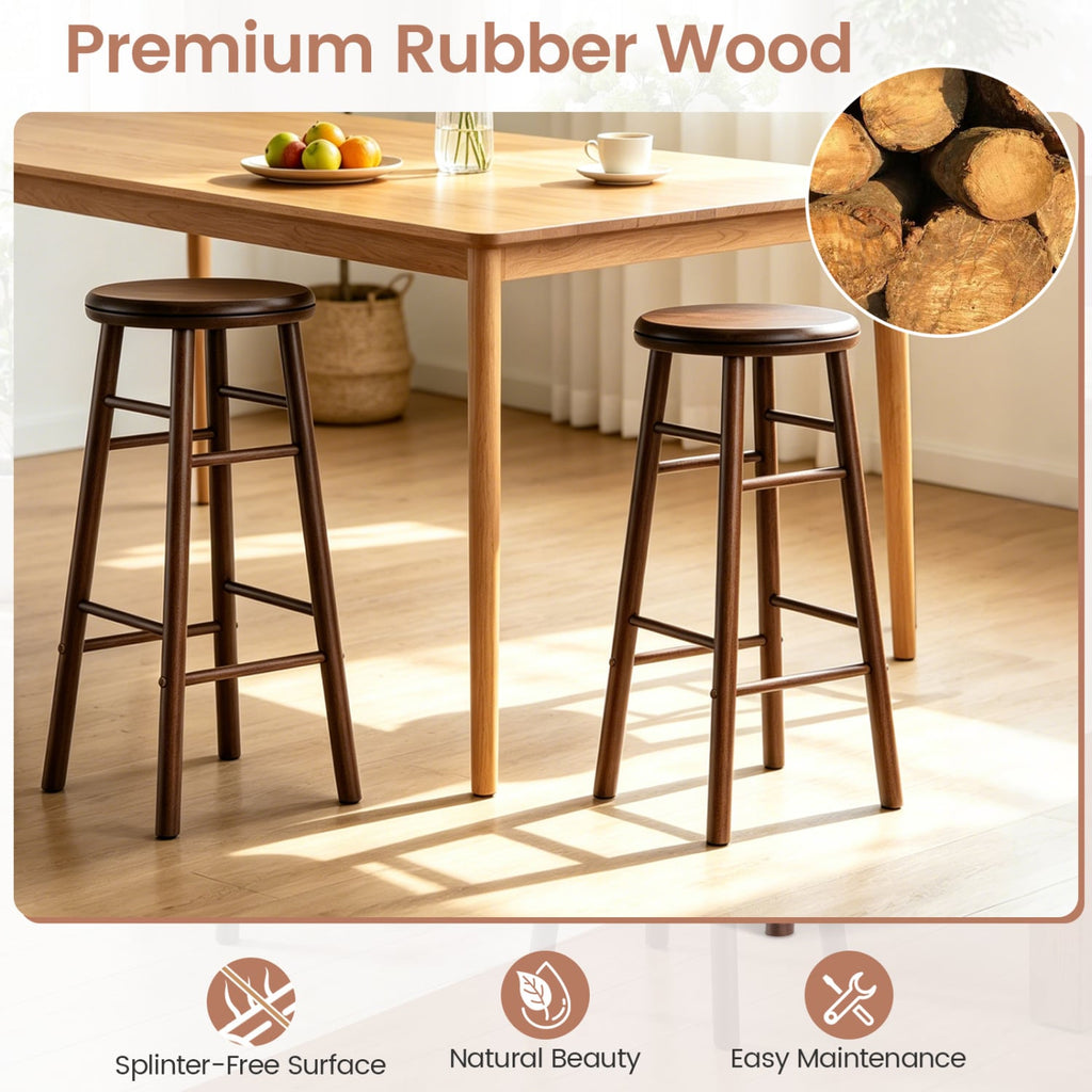 Set of 2 Swivel Bar Stools in Walnut Rubber Wood with Crossbars, 29 Inch Seat Height