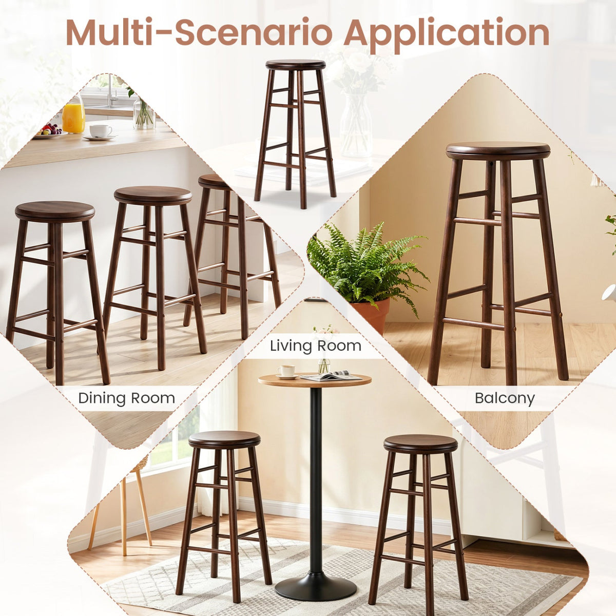 Set of 2 Swivel Bar Stools in Walnut Rubber Wood with Crossbars, 29 Inch Seat Height