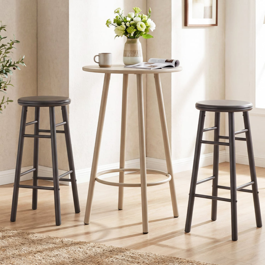 Set of 2 Swivel Bar Stools in Grey Rubber Wood with Crossbars, 29 Inch Seat Height