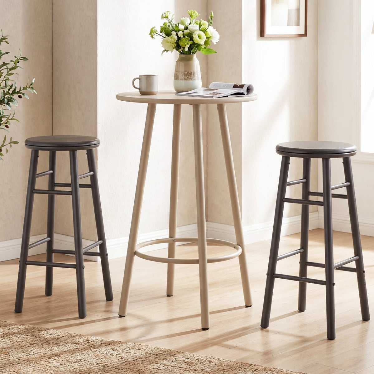 Set of 2 Swivel Bar Stools in Grey Rubber Wood with Crossbars, 29 Inch Seat Height