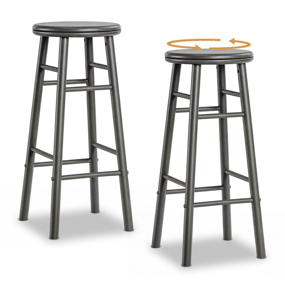 Set of 2 Swivel Bar Stools in Grey Rubber Wood with Crossbars, 29 Inch Seat Height