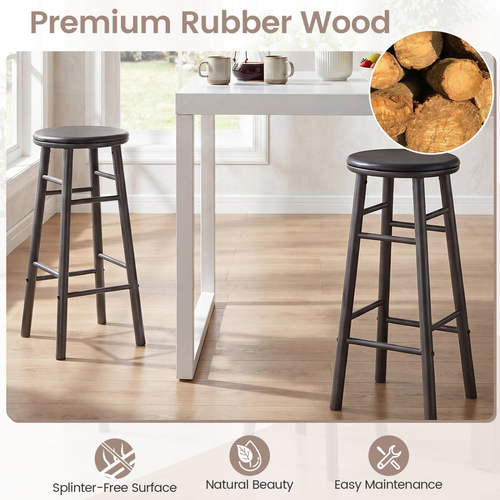 Set of 2 Swivel Bar Stools in Grey Rubber Wood with Crossbars, 29 Inch Seat Height