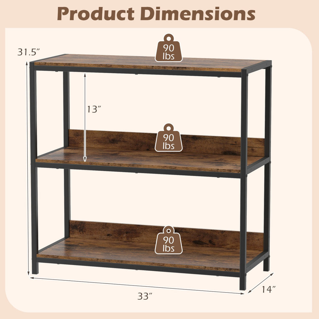 2-Pack 3-Tier Industrial Bookshelf with Metal Frame-Rustic Brown